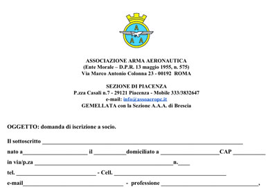 Modulo di iscrizione all'Associazione Arma Aeronautica